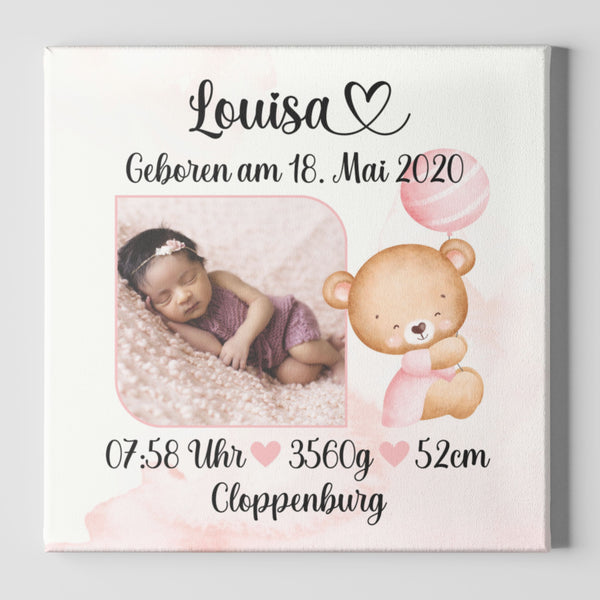 Baby Leinwand im Bären Design Rosa