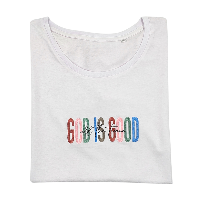 Damen T-Shirt bestickt mit "God is good all the time"